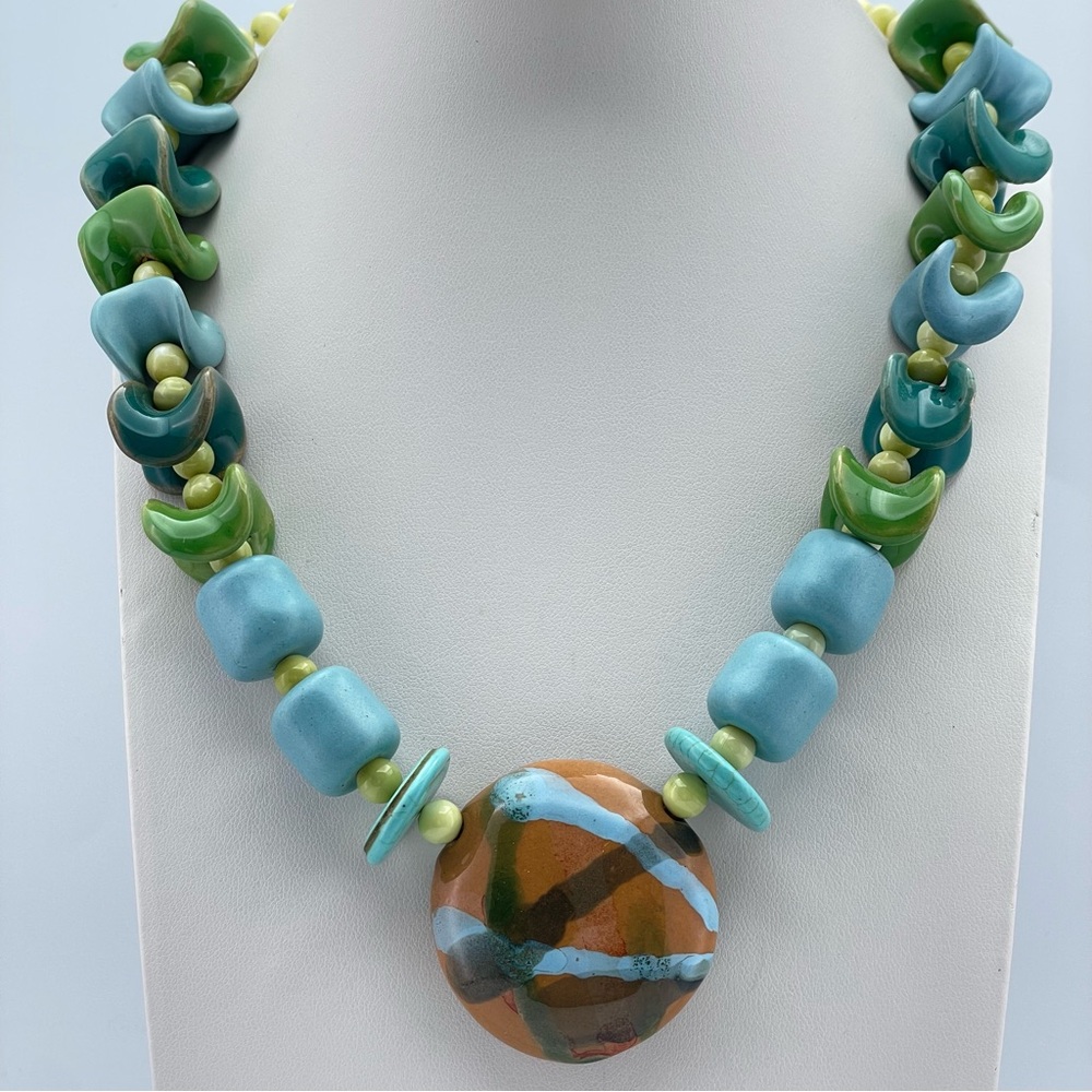 Bold Ceramic Statement Necklace Green Blue Abstract Pendant Beaded Chunky